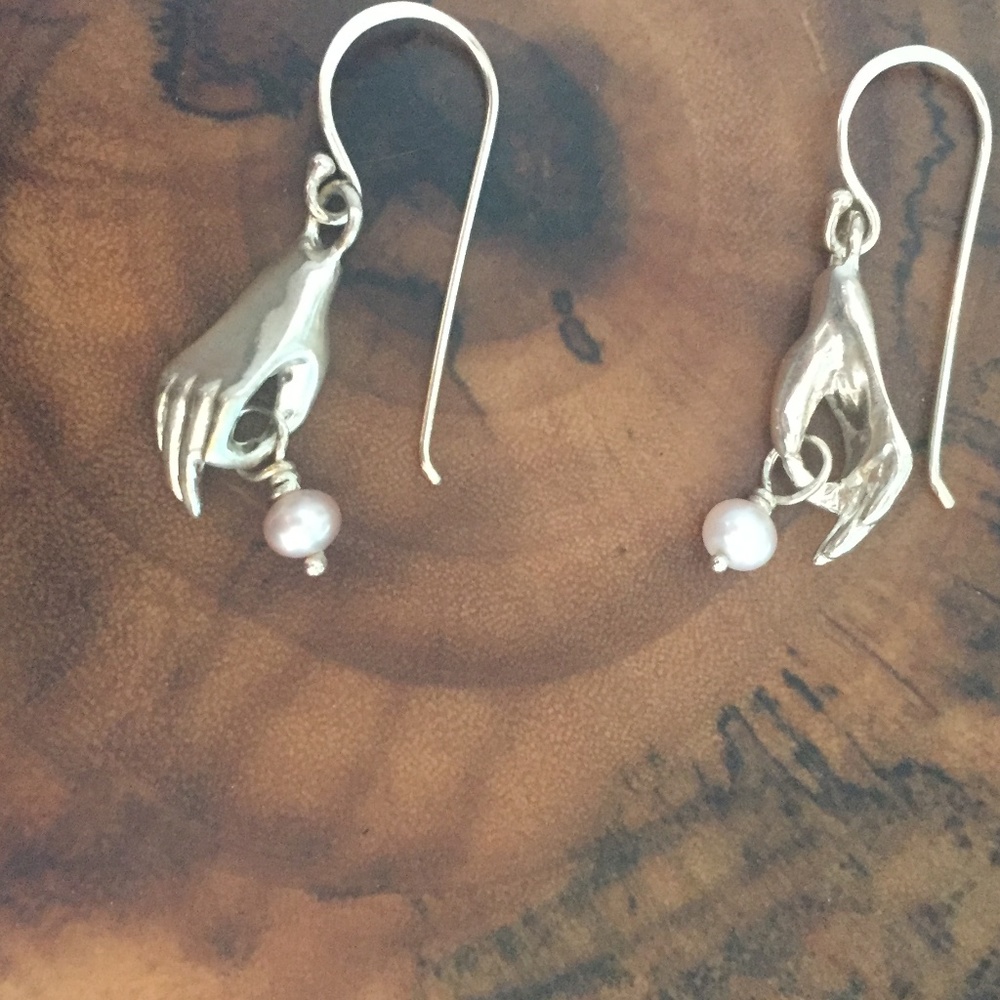 Sterling Silver Hand Earrings with Pearl D…